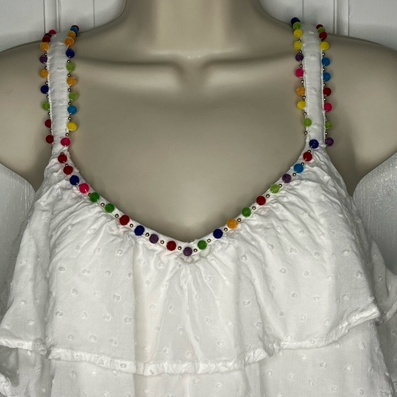 Honey Belle Swiss Dot Flounce Ruffle Pom Pom Trim Mini Dress Size M Flirty Girly - Picture 2 of 11